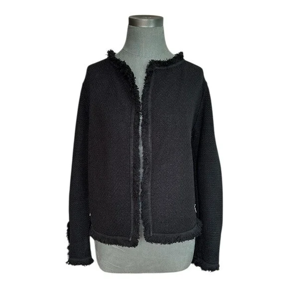 NIC+ZOE Black Fringe Open Front Long Sleeve Knit Cardigan Women S Excellent - Picture 3 of 7